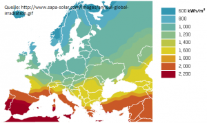 sapa-energie_Karte Europas Sonnenstunden in kWh pro Quadratmeter